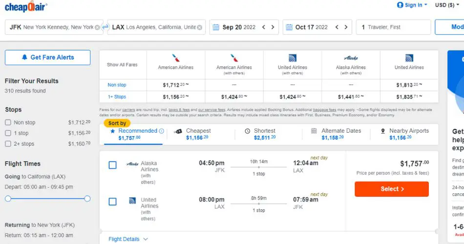 jfk lax round trip first class cheap flights list cheapoair aviatechchannel